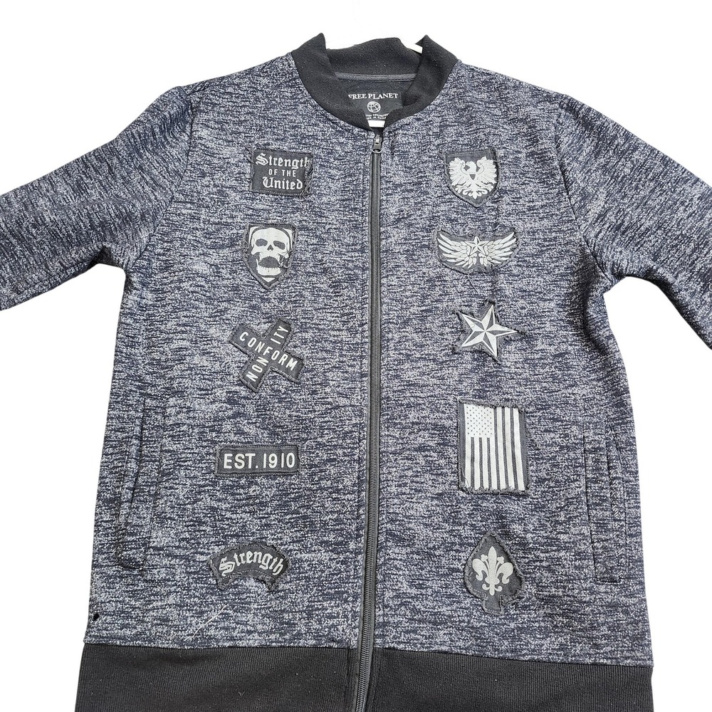 Free Planet Jacket Mens Medium Gray Bomber Full Zip Fleece Skull Flag Patches